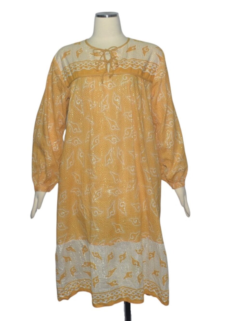 Matta NY Zaira Midi Dress Cotton Yellow Silver Metallic Long Sleeve Boho Pockets